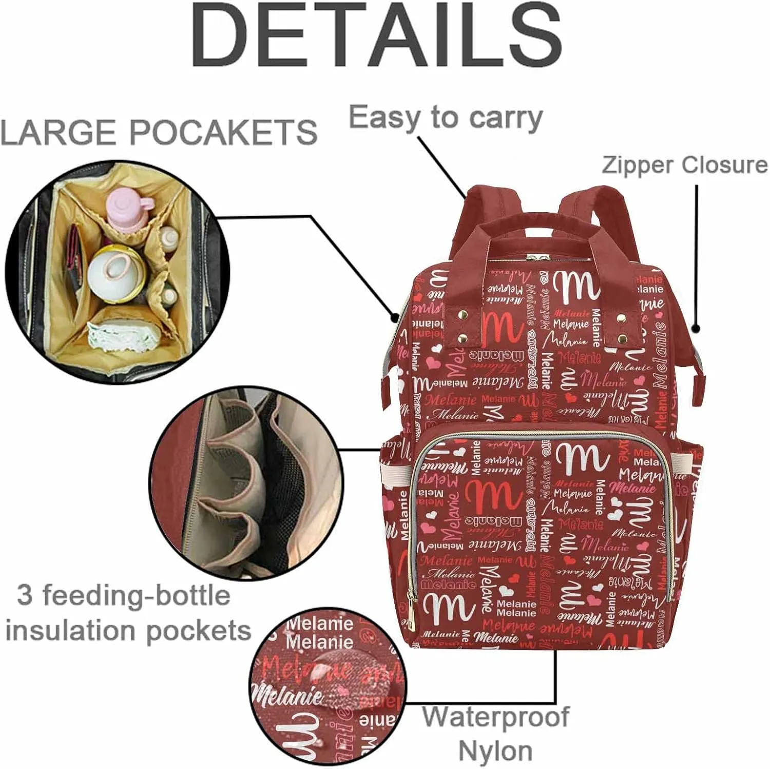 M YESCUSTOM Custom Name Diaper Bag Backpack Personalized Waterproof Large Capacity Travel Daypack Nursing with Multi Letter Text