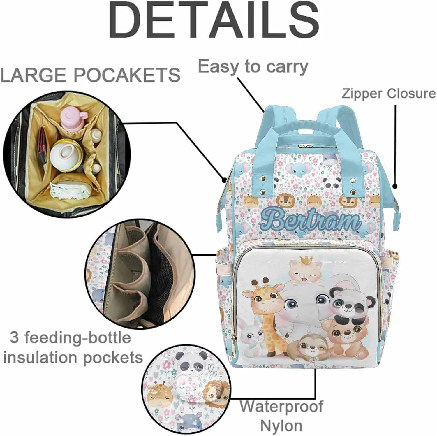 M YESCUSTOM Custom Name Diaper Bag Blue Backpack Multi Function Waterproof Daypack for Women Portable Travel Backpack Large Capacity Handbag