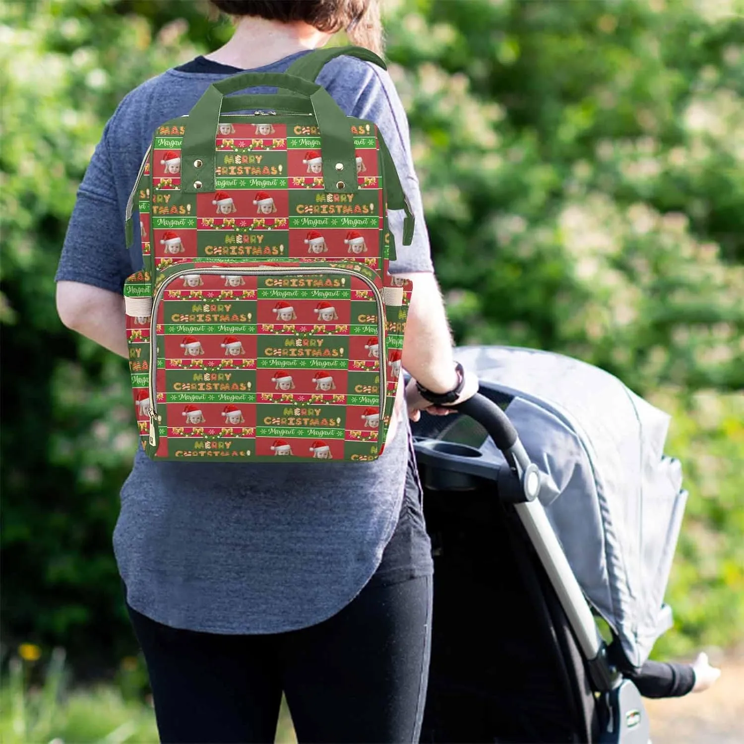 M YESCUSTOM Custom Name Diaper Bag with Baby's Photo, Personalized Patchwork Checks Pattern Waterproof Nylon Mommy Daypack, Large Capacity Travel Backpack, Christmas Winter Holiday Gift
