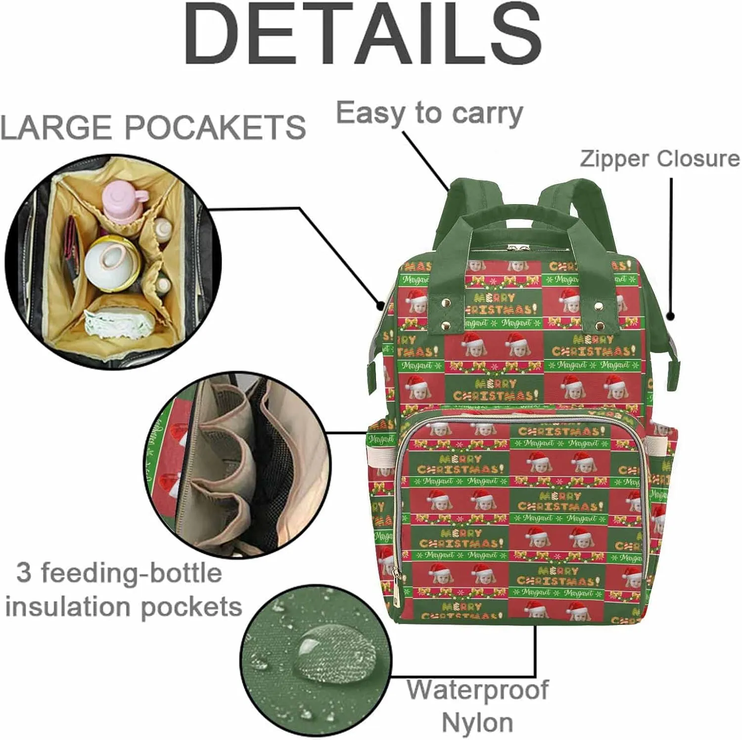 M YESCUSTOM Custom Name Diaper Bag with Baby's Photo, Personalized Patchwork Checks Pattern Waterproof Nylon Mommy Daypack, Large Capacity Travel Backpack, Christmas Winter Holiday Gift