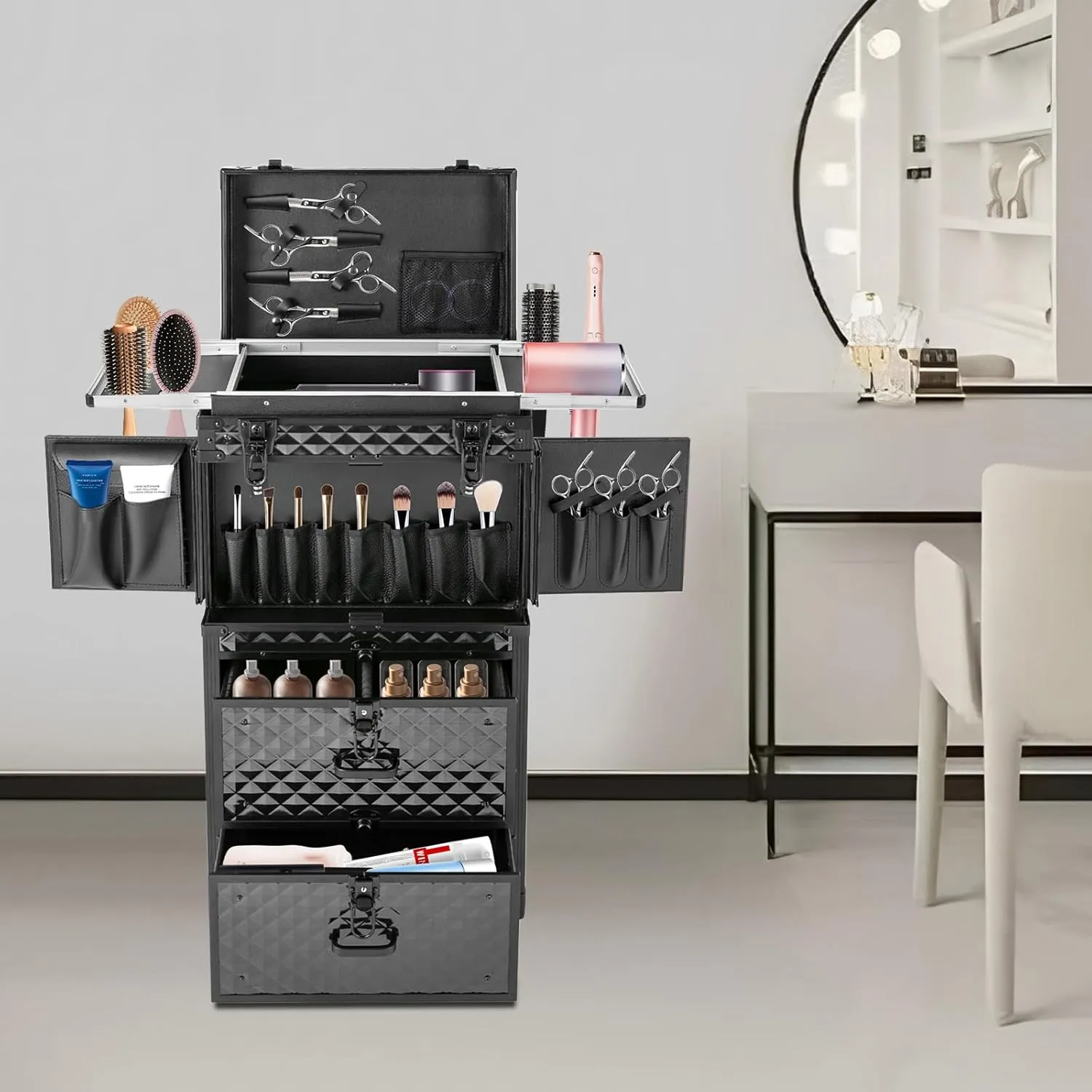 Makeup Rolling Train Case, Aluminum Cosmetic Organizer Box Rolling Lockable Makeup Case with 4 Universal Wheels Large Professional Cosmetology Case Multi-Functional Cosmetic Train Case Black