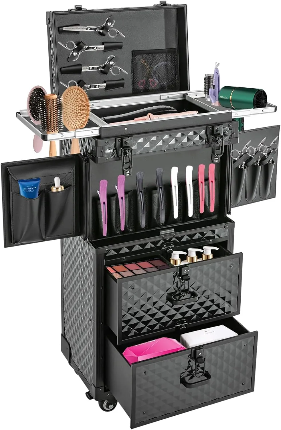 Makeup Rolling Train Case, Aluminum Cosmetic Organizer Box Rolling Lockable Makeup Case with 4 Universal Wheels Large Professional Cosmetology Case Multi-Functional Cosmetic Train Case Black