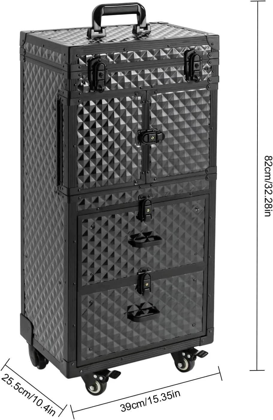 Makeup Rolling Train Case, Aluminum Cosmetic Organizer Box Rolling Lockable Makeup Case with 4 Universal Wheels Large Professional Cosmetology Case Multi-Functional Cosmetic Train Case Black