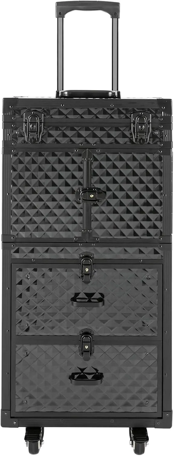 Makeup Rolling Train Case, Aluminum Cosmetic Organizer Box Rolling Lockable Makeup Case with 4 Universal Wheels Large Professional Cosmetology Case Multi-Functional Cosmetic Train Case Black