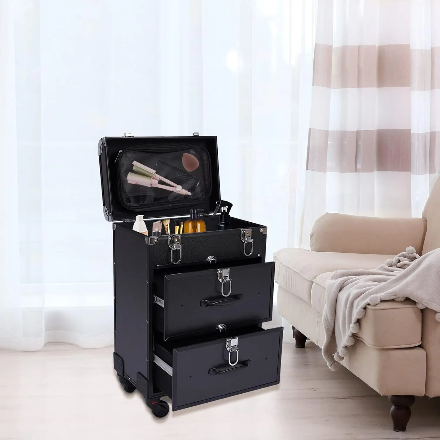 Makeup Train Case, Professional Rolling Makeup Trolley with Adjustable Dividers, Nail Polish Organizer, Jewelry Travel Cosmetic Train Case w/ 4 Wheels & Locks (Black)