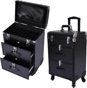 Makeup Train Case, Professional Rolling Makeup Trolley with Adjustable Dividers, Nail Polish Organizer, Jewelry Travel Cosmetic Train Case w/ 4 Wheels & Locks (Black)
