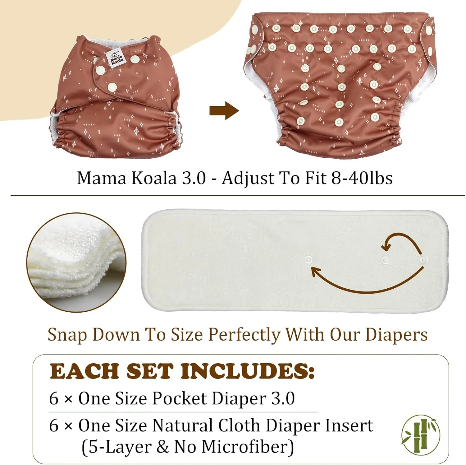 Mama Koala 3.0 Pocket Cloth Diapers for Babies with AWJ Lining, 6 Pack with 6 5-Layer Natural Cloth Diaper Inserts - Reusable and Washable Pocket Diapers(A-Cabin Vibes)