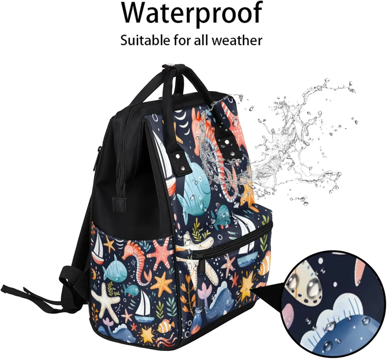 Marine Creatures Collection Double Shoulder Mommy Bag for Women, Polyester Large Capacity Diaper Backpack with Multi Pockets, Waterproof Adjustable Straps Diaper Bag for Moms Dads, 11''×7''×15.7''