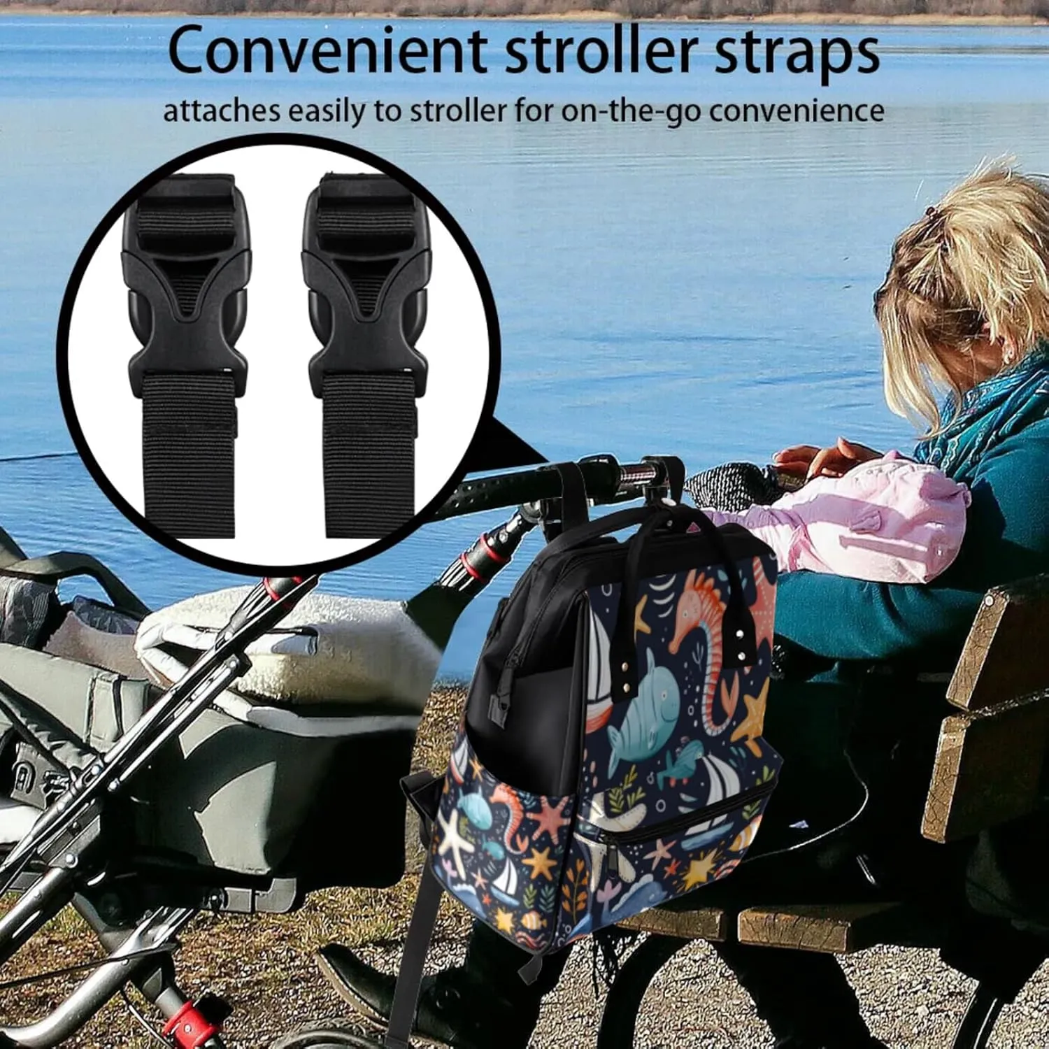 Marine Creatures Collection Double Shoulder Mommy Bag for Women, Polyester Large Capacity Diaper Backpack with Multi Pockets, Waterproof Adjustable Straps Diaper Bag for Moms Dads, 11''×7''×15.7''