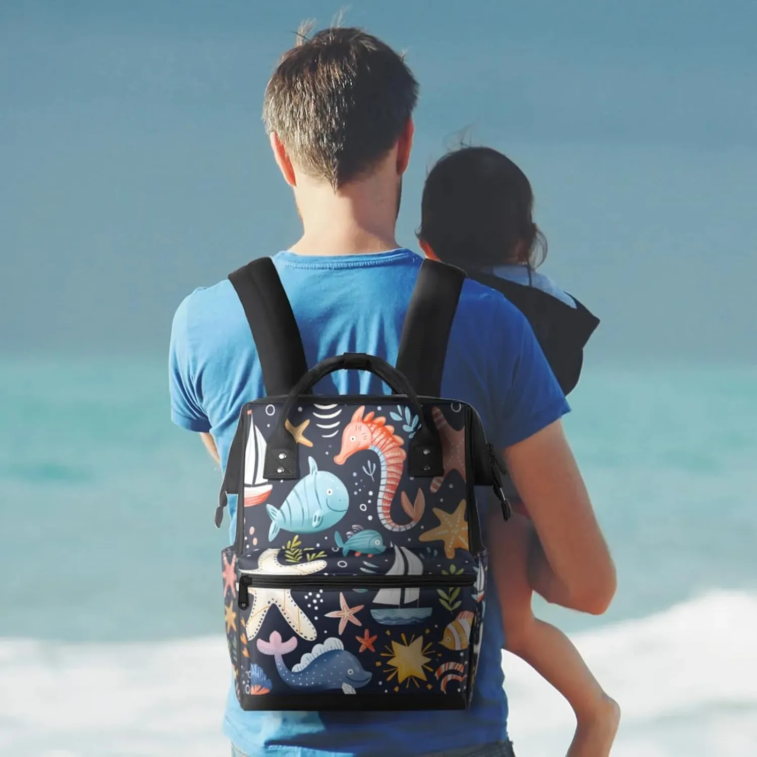 Marine Creatures Collection Double Shoulder Mommy Bag for Women, Polyester Large Capacity Diaper Backpack with Multi Pockets, Waterproof Adjustable Straps Diaper Bag for Moms Dads, 11''×7''×15.7''