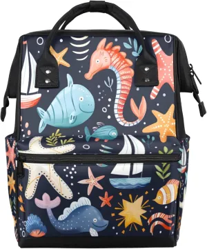 Marine Creatures Collection Double Shoulder Mommy Bag for Women, Polyester Large Capacity Diaper Backpack with Multi Pockets, Waterproof Adjustable Straps Diaper Bag for Moms Dads, 11''×7''×15.7''