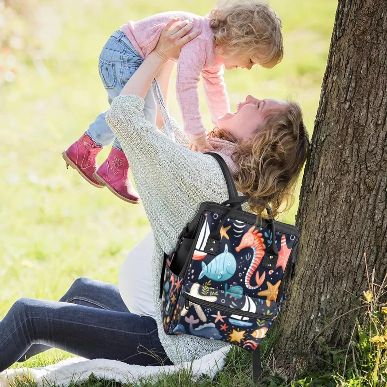 Marine Creatures Collection Double Shoulder Mommy Bag for Women, Polyester Large Capacity Diaper Backpack with Multi Pockets, Waterproof Adjustable Straps Diaper Bag for Moms Dads, 11''×7''×15.7''