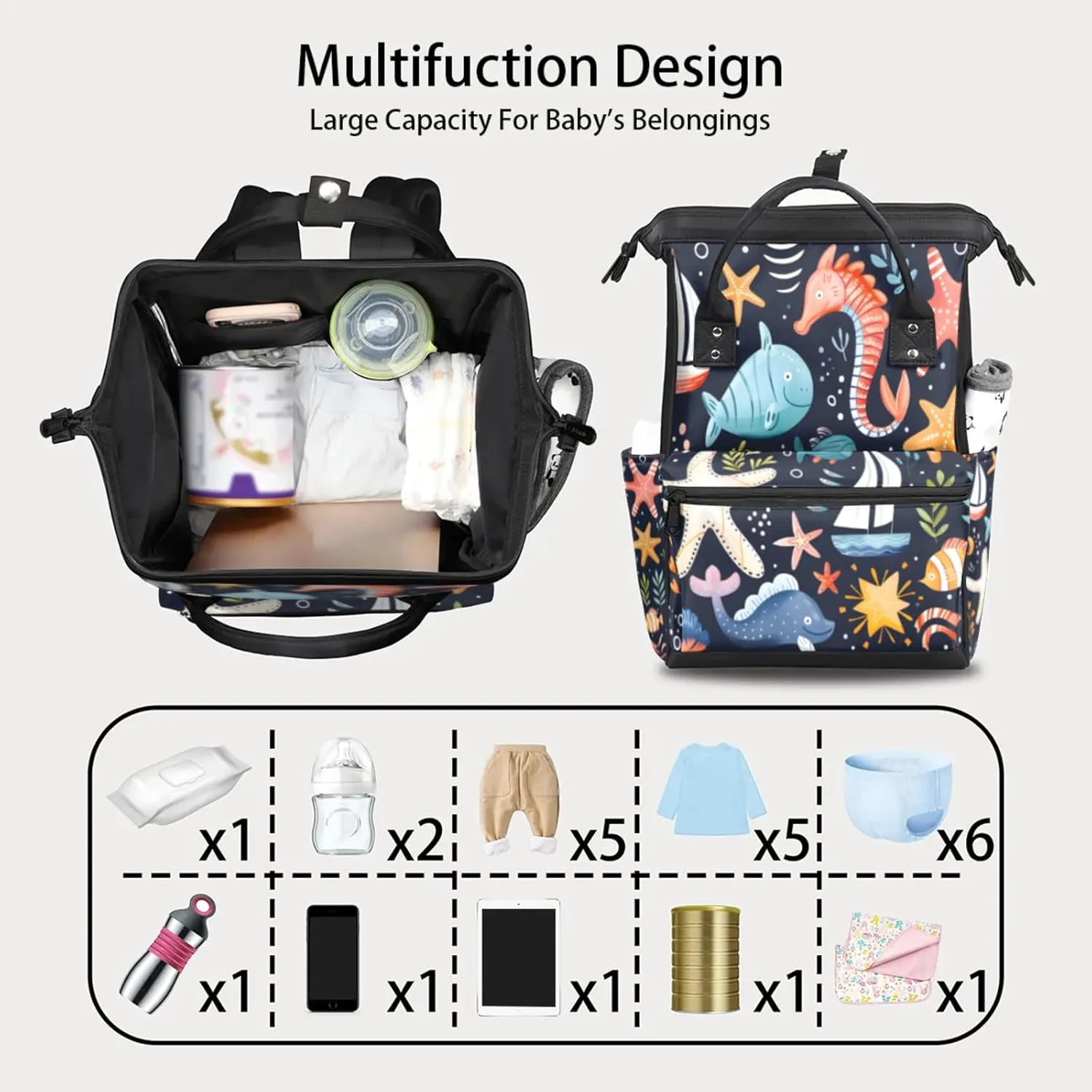 Marine Creatures Collection Double Shoulder Mommy Bag for Women, Polyester Large Capacity Diaper Backpack with Multi Pockets, Waterproof Adjustable Straps Diaper Bag for Moms Dads, 11''×7''×15.7''