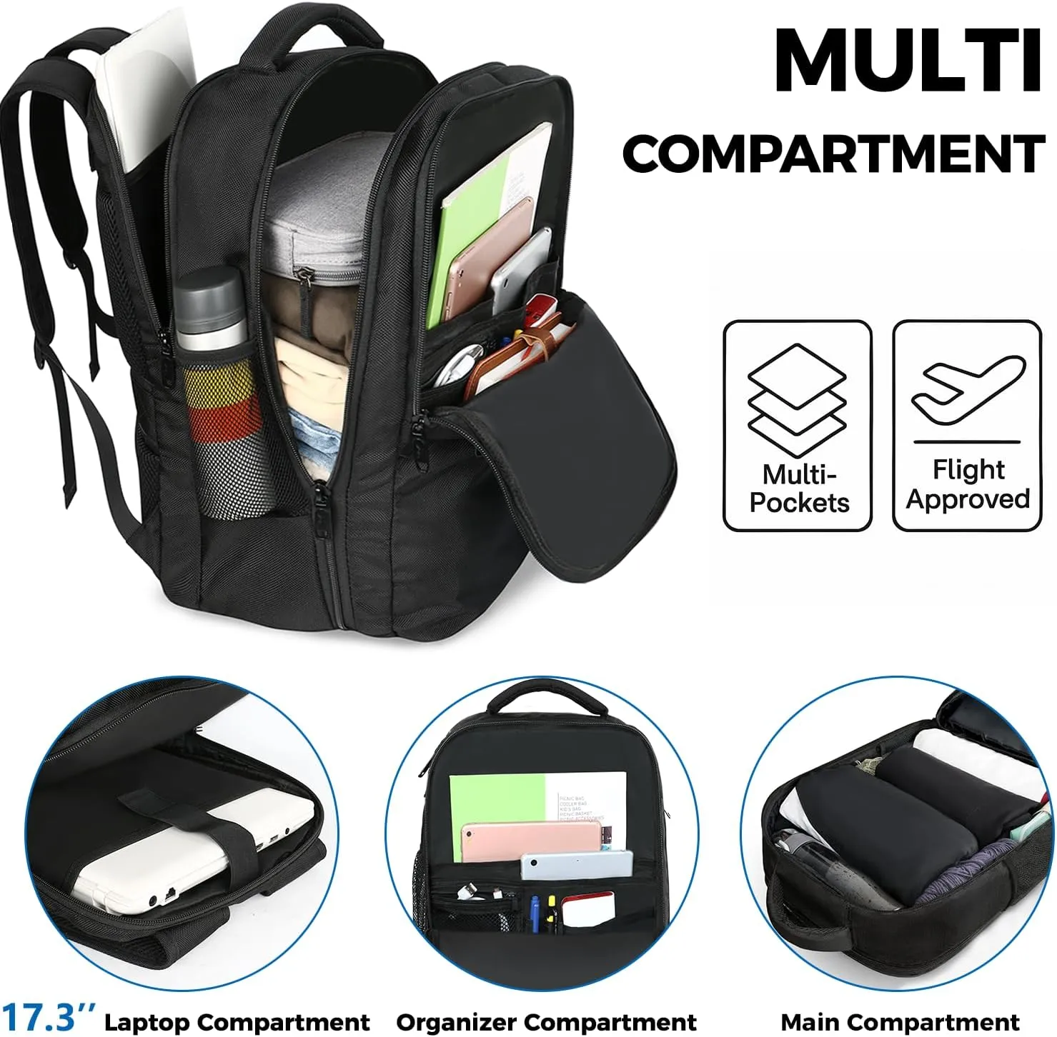 MATEIN Carry on Backpack, Large 40L Flight Approved Travel Backpack with USB Port, TSA Personal Item Travel Bag fits 17" Laptop, Water Resistant Luggage Overnight Weekender Bag for Men & Women, Black