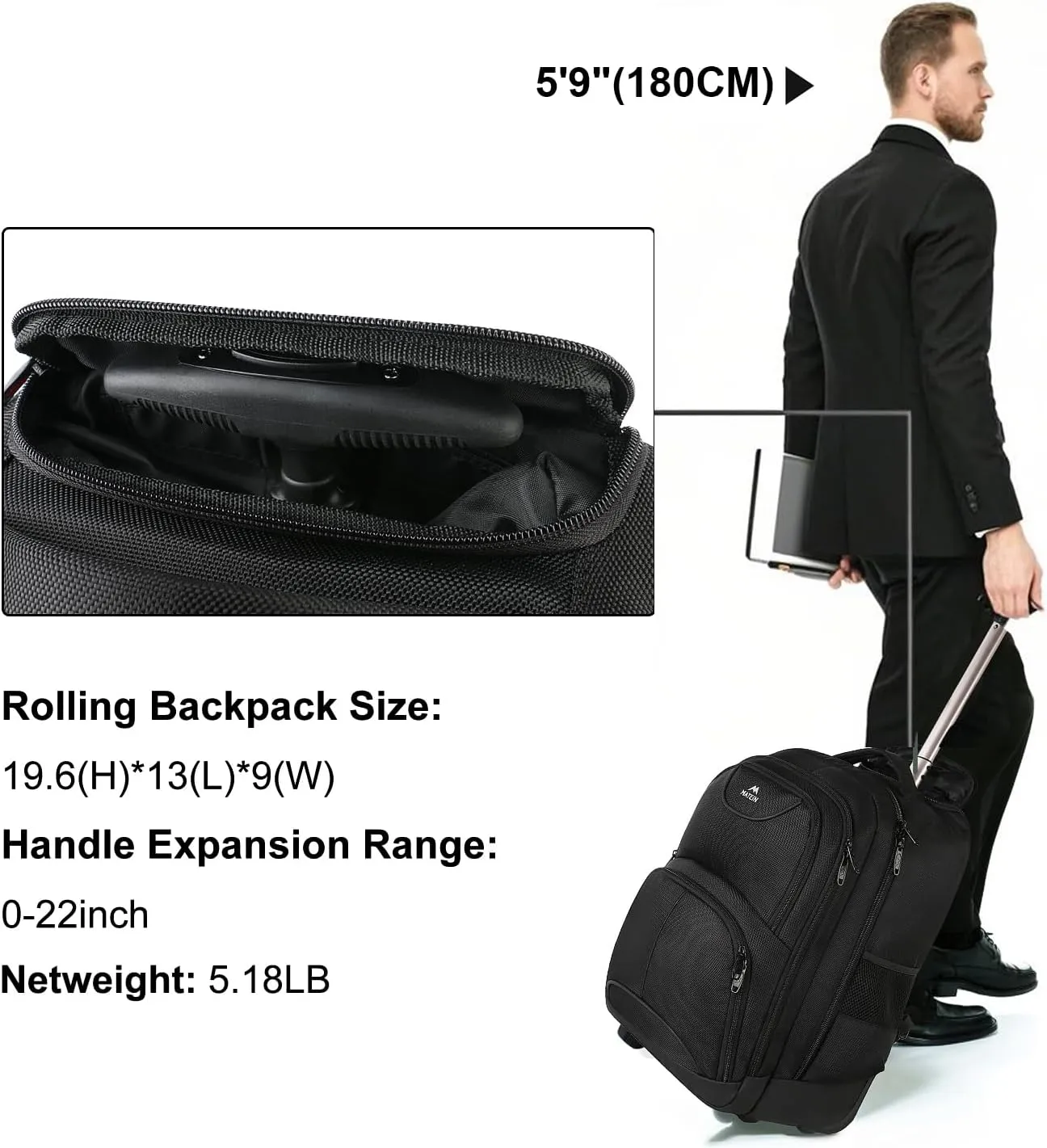 MATEIN Rolling Backpack, 17 inch Water Resistant Wheeled Laptop Backpack, Carry on Luggage Business Bag, Overnight College Computer Bag Trolley Suitcase for Men Women Adults to Travel, Black