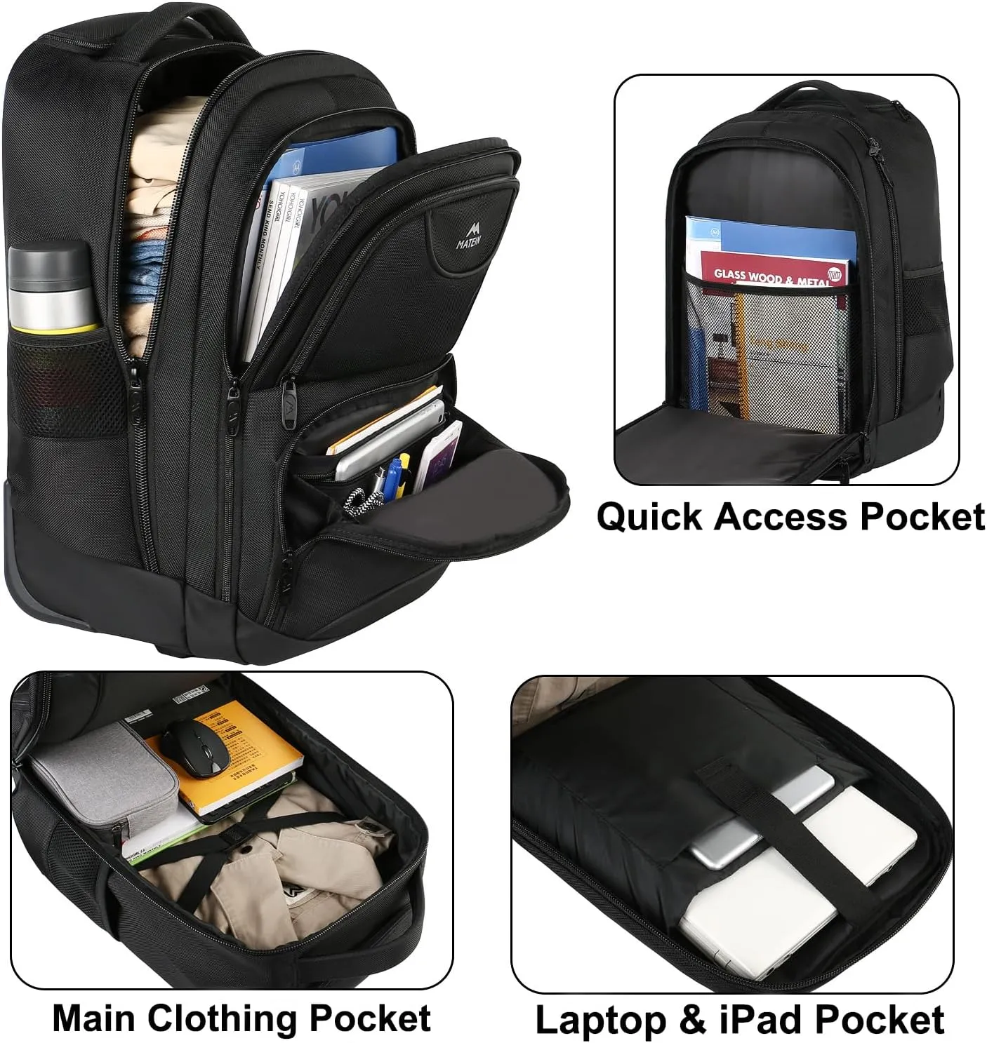 MATEIN Rolling Backpack, 17 inch Water Resistant Wheeled Laptop Backpack, Carry on Luggage Business Bag, Overnight College Computer Bag Trolley Suitcase for Men Women Adults to Travel, Black