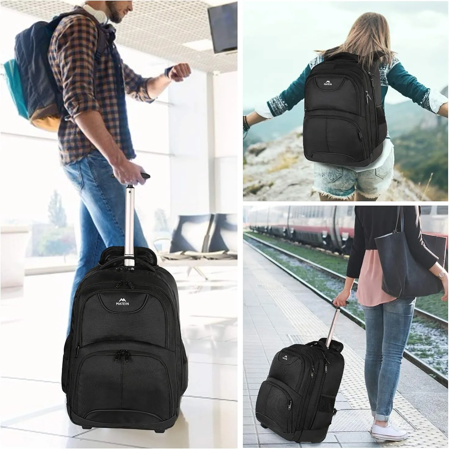 MATEIN Rolling Backpack, 17 inch Water Resistant Wheeled Laptop Backpack, Carry on Luggage Business Bag, Overnight College Computer Bag Trolley Suitcase for Men Women Adults to Travel, Black