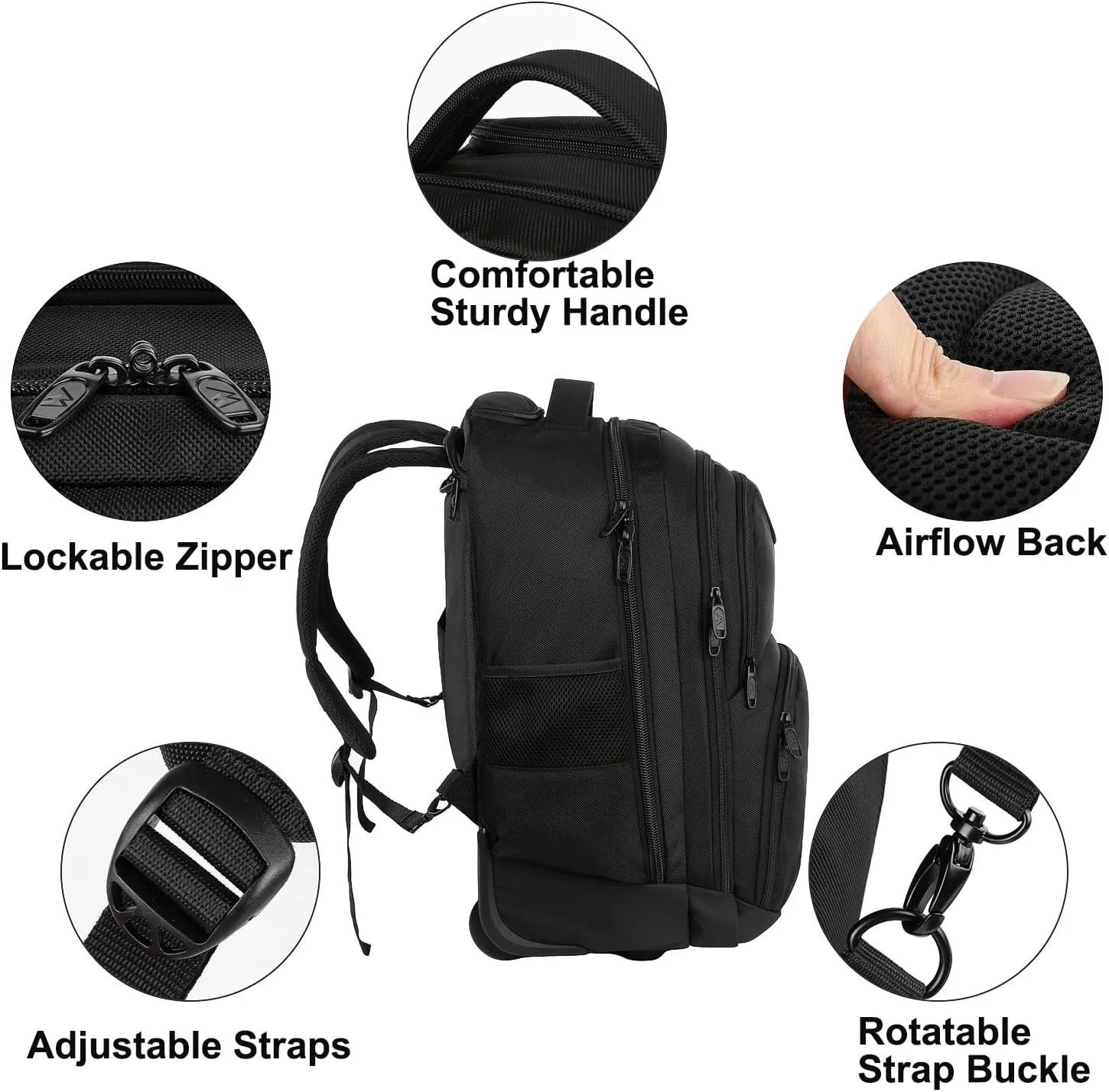 MATEIN Rolling Backpack, 17 inch Water Resistant Wheeled Laptop Backpack, Carry on Luggage Business Bag, Overnight College Computer Bag Trolley Suitcase for Men Women Adults to Travel, Black