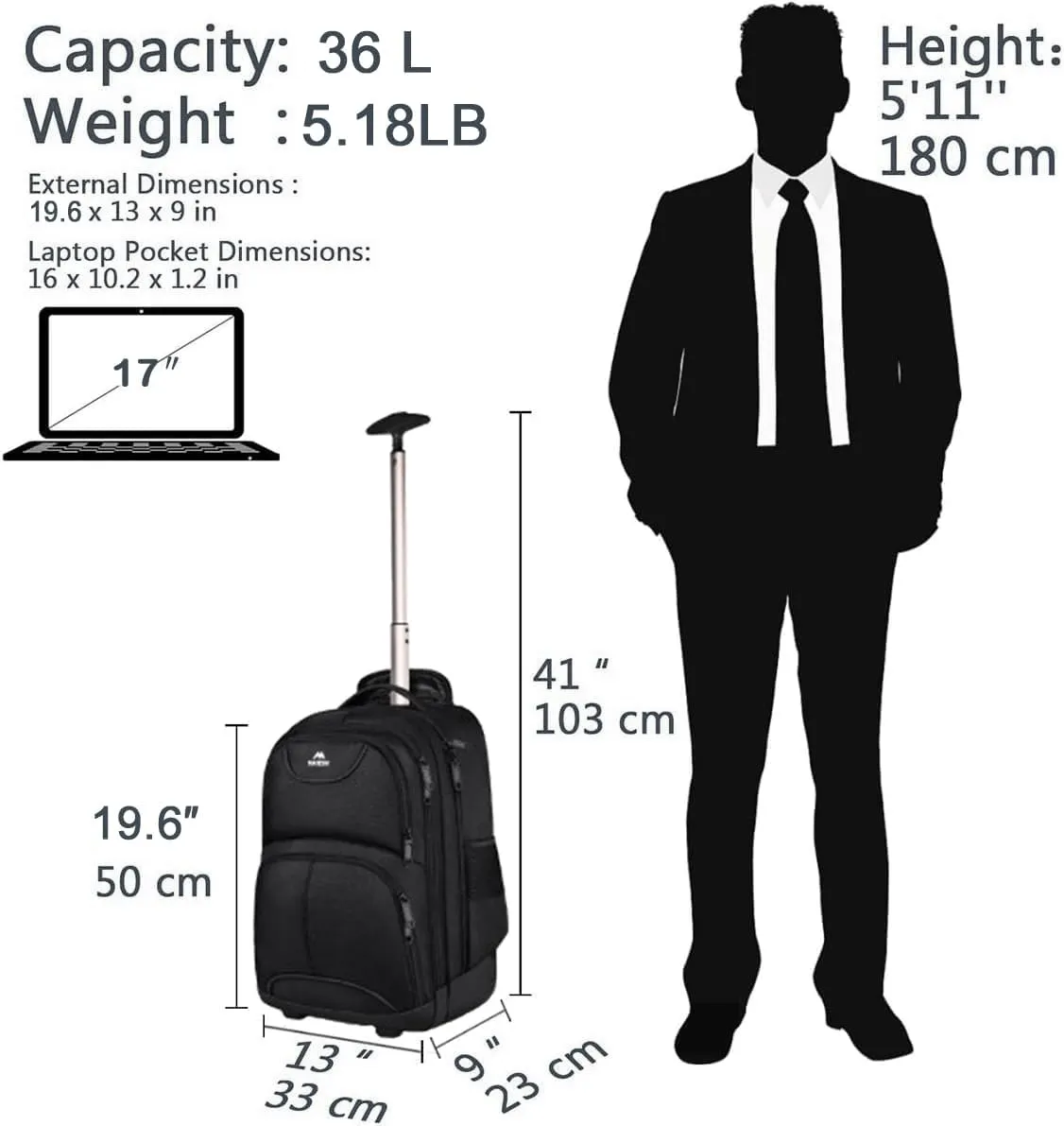 MATEIN Rolling Backpack, 17 inch Water Resistant Wheeled Laptop Backpack, Carry on Luggage Business Bag, Overnight College Computer Bag Trolley Suitcase for Men Women Adults to Travel, Black