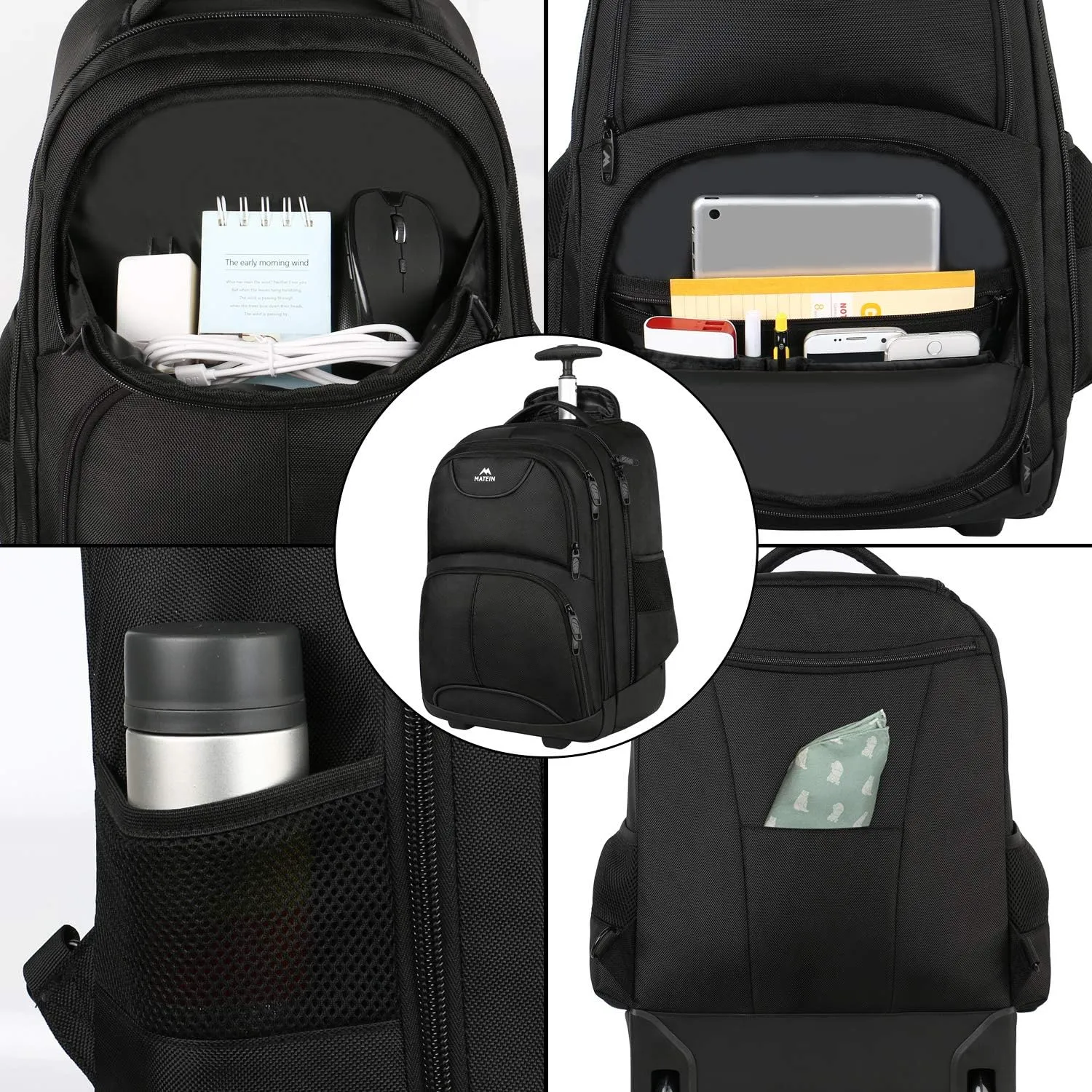 MATEIN Rolling Backpack, 17 inch Water Resistant Wheeled Laptop Backpack, Carry on Luggage Business Bag, Overnight College Computer Bag Trolley Suitcase for Men Women Adults to Travel, Black