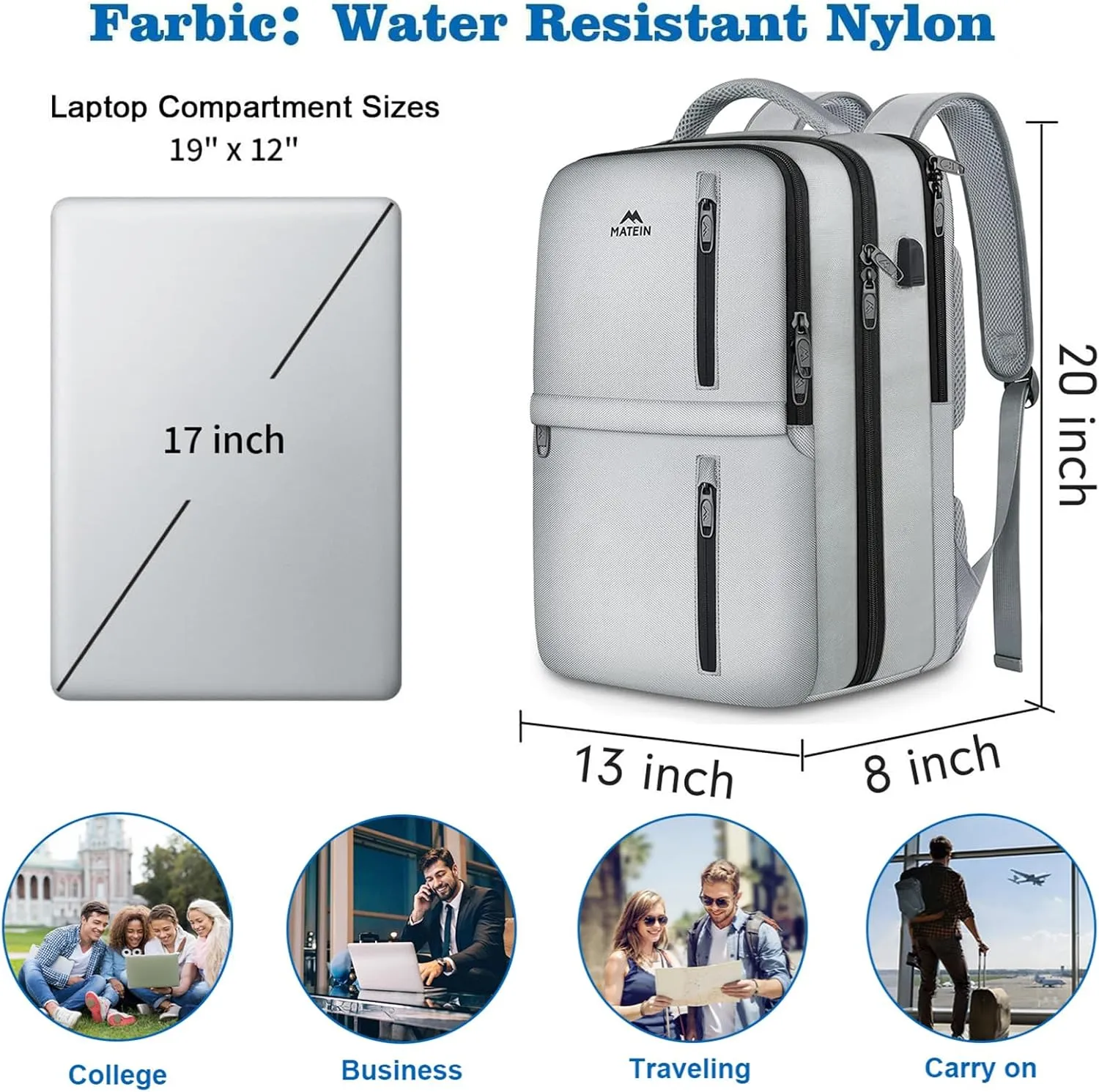 MATEIN Travel Backpack for Women, Extra Large 40L Carry On Backpack with USB Port & Shoe Compartment, Airplane Approved Travel Bag fit 17" Laptop, Water Resistant Luggage Overnight Weekender Bag, Gray