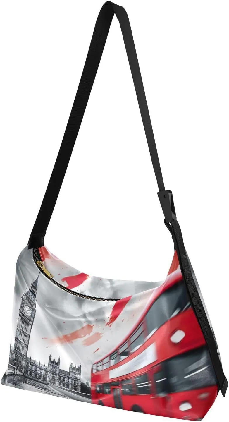MCHIVER London Red Double Decker Hobo Shoulder Bag for Women Men PU Leather Crossbody Bag Slouchy Tote Handbags for Travel Work