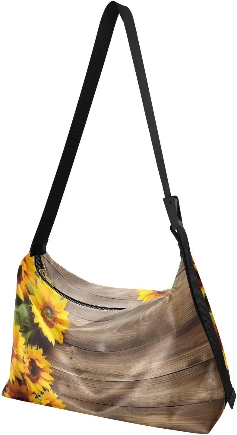 MCHIVER Sunflower Plank Hobo Shoulder Bag for Women Men PU Leather Crossbody Bag Slouchy Tote Handbags for Working Traveling Shopping
