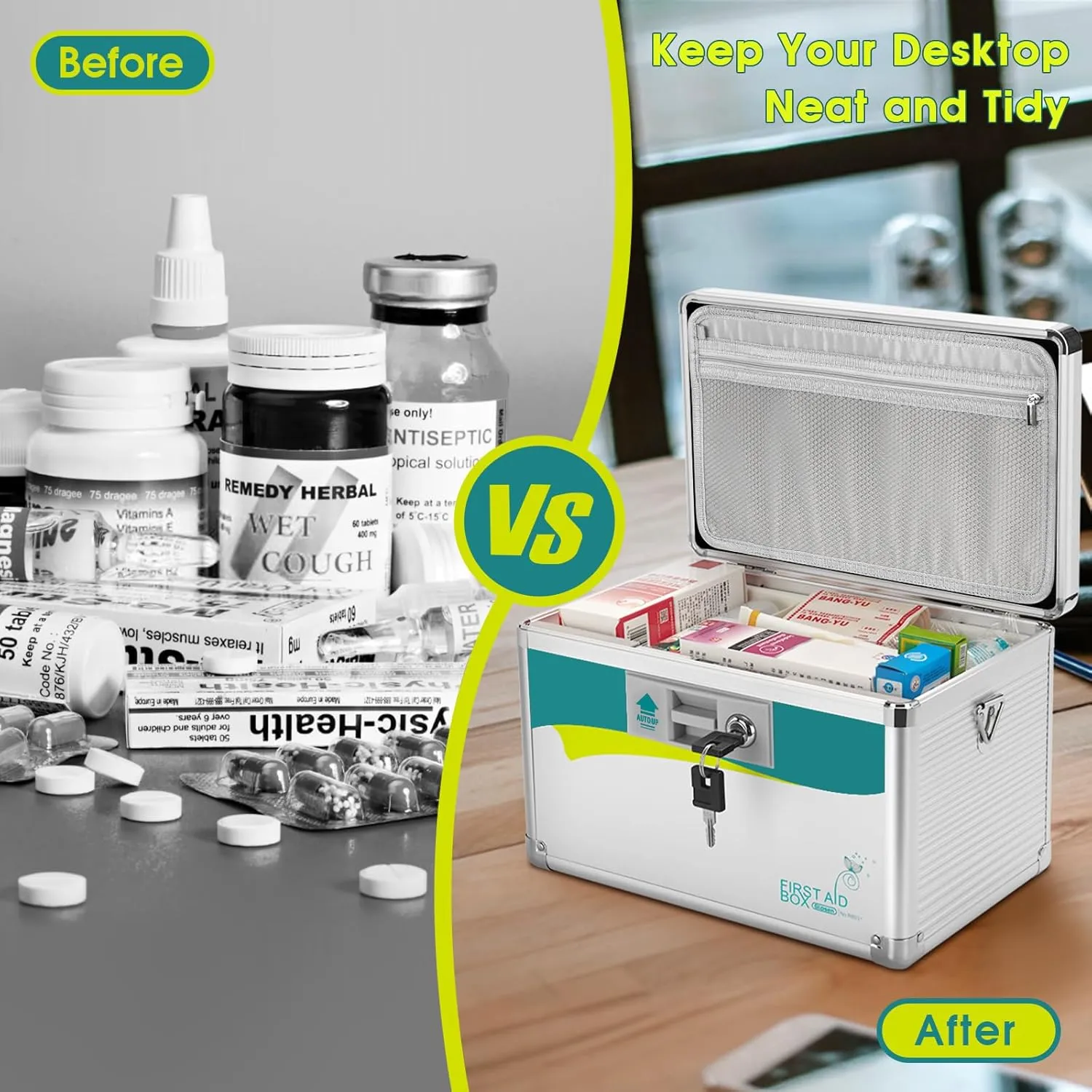 Medicine Lock Box,locking medicine box, Security Lock Boxes【Medium 12 x 7.68 x 7.87 Inch with removable storage pocket】,lock box, First Aid Key Safe Box,Lock Box for Medication