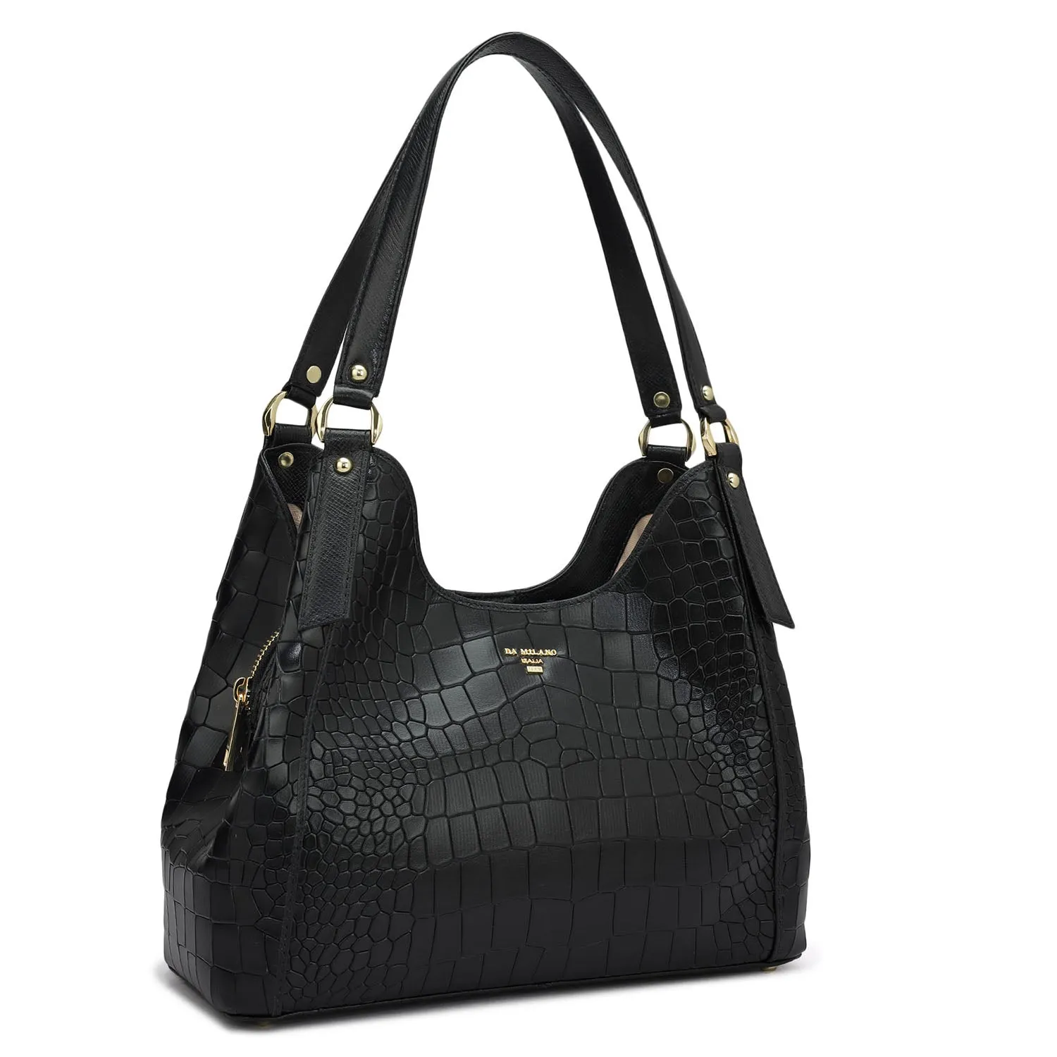 Medium Croco Leather Hobo - Black