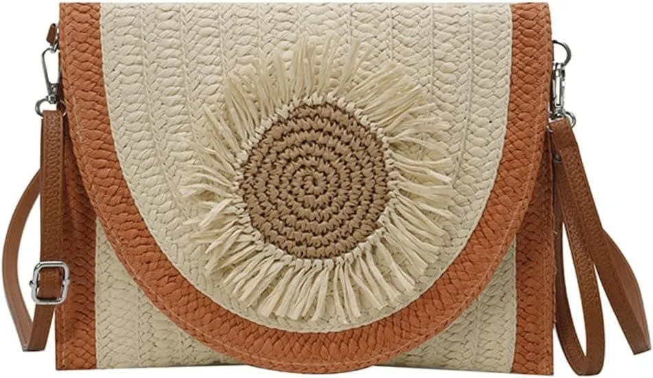 Medium Straw Crossbody Bag Summer Clutch Purses Beach Shoulder Bags Flower Straw Clutch Purse for Summer Vacation