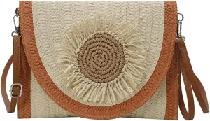 Medium Straw Crossbody Bag Summer Clutch Purses Beach Shoulder Bags Flower Straw Clutch Purse for Summer Vacation