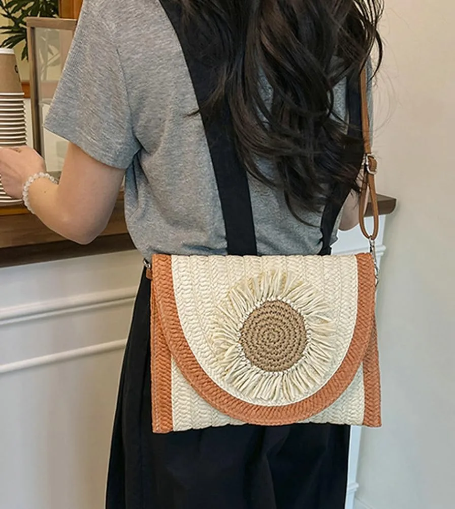 Medium Straw Crossbody Bag Summer Clutch Purses Beach Shoulder Bags Flower Straw Clutch Purse for Summer Vacation