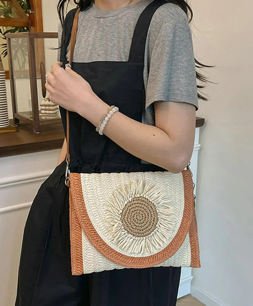 Medium Straw Crossbody Bag Summer Clutch Purses Beach Shoulder Bags Flower Straw Clutch Purse for Summer Vacation