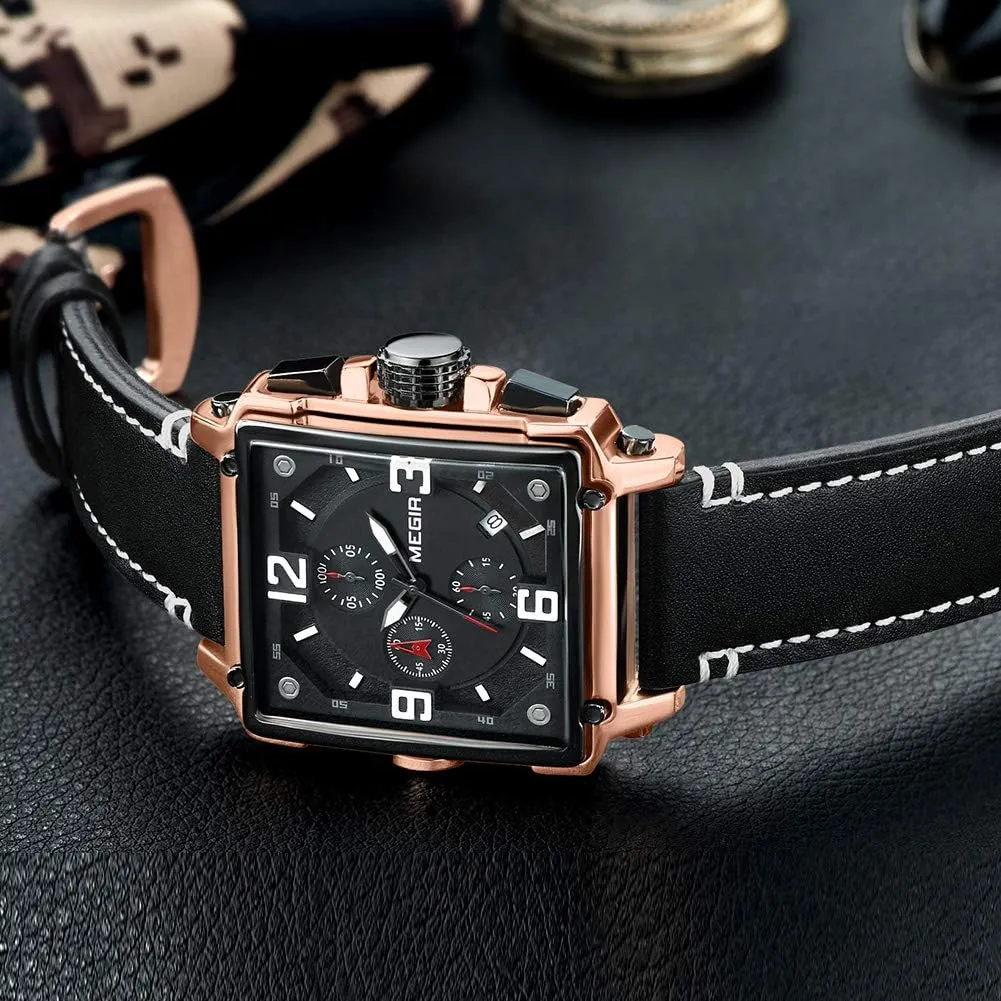 MEGIR Men's Analogue Army Military Chronograph Luminous Quartz Watch with Fashion Leather Strap for Sport & Business Work ML2061G