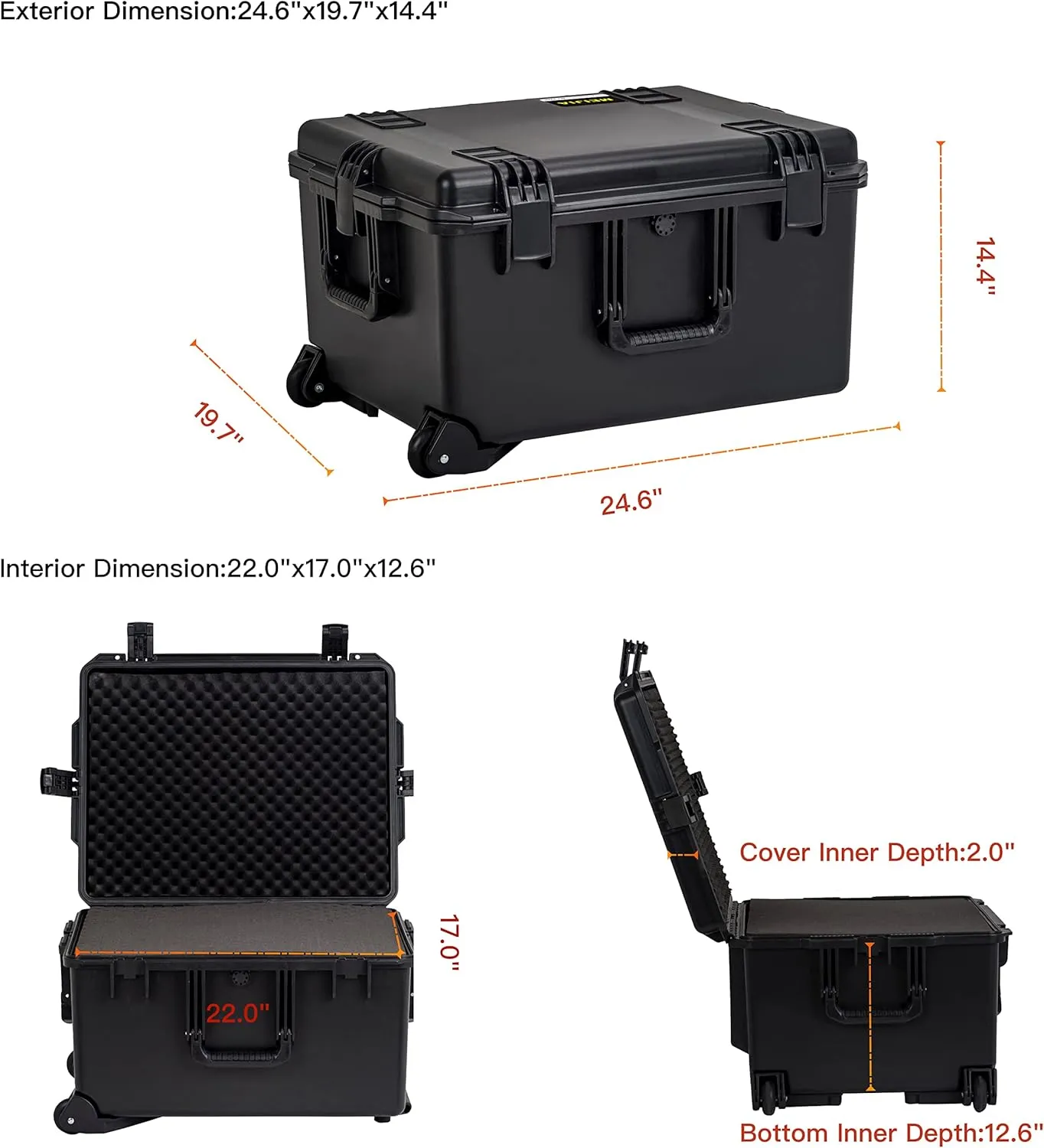 MEIJIA Portable All Weather Waterproof Rolling Hard Camera Case with Customizable Fit Foam and Wheels, 24.6"X19.7"X14.4",Elegant Black