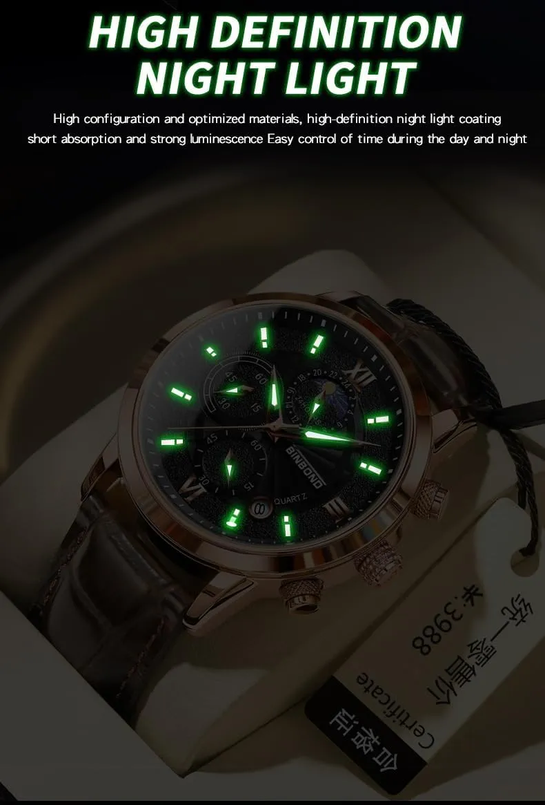 Men Chronograph Watches Business Casual Wrist Watches (Multifunction/Waterproof/Luminous/Calendar/Stop) Leather Band Fashion Watch for Men