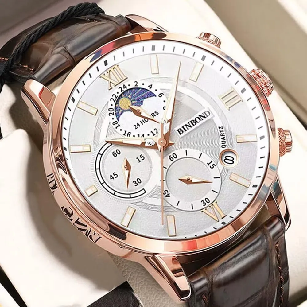 Men Chronograph Watches Business Casual Wrist Watches (Multifunction/Waterproof/Luminous/Calendar/Stop) Leather Band Fashion Watch for Men