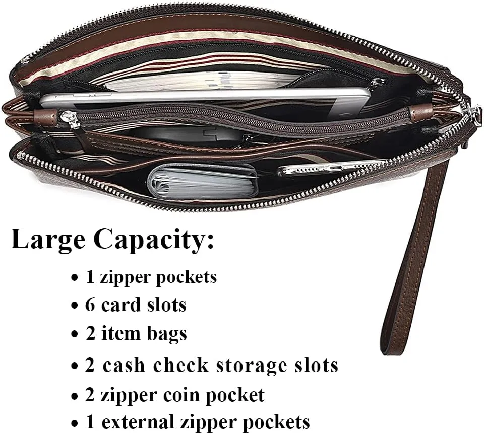 Men Clutch Bag Purse Leather Wallets Wristlet Handbag Business Zipper