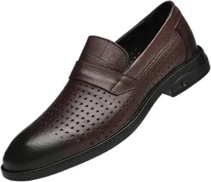 Men Spring Fashion Casual Leather Shoes Breathable Comfortable Hollow Pointed Toe Cowhide Top Layer Lightweight Walking Shoes
