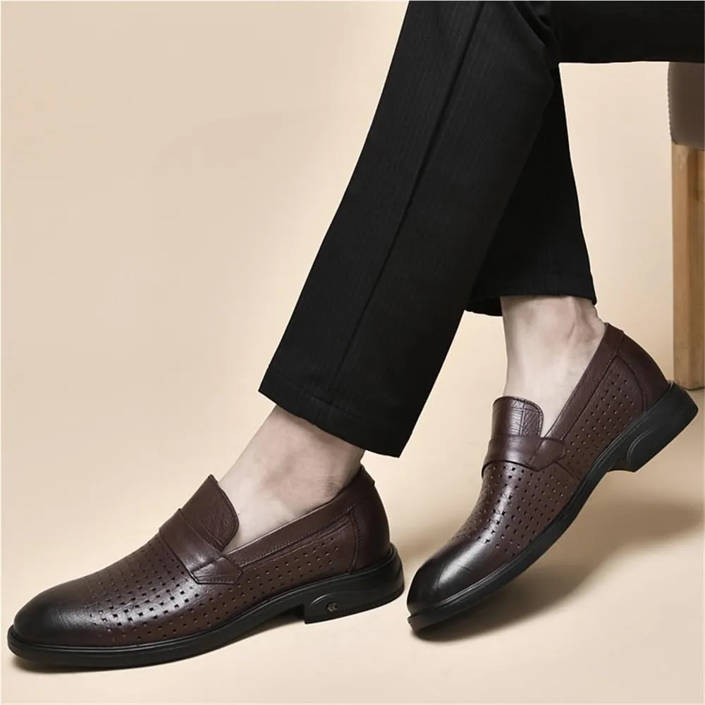 Men Spring Fashion Casual Leather Shoes Breathable Comfortable Hollow Pointed Toe Cowhide Top Layer Lightweight Walking Shoes