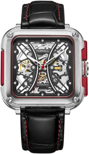 Men's Automatic Mechanical Skeleton Watch, Sapphire Crystal Luxury Square Wristwatch, Waterproof 50M Stainless Steel with Genuine Leather Band, Model TUT002G