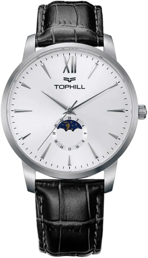 Mens Automatic Watch, Minimalist Black Leather Watch,Sapphire Crystal,Day& Night Display, Skeleton Mechanical, Elegant Relojes para Hombres