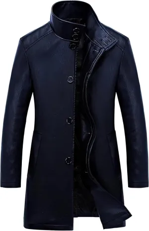 Mens Black Sheepskin Leather Stand Collar Single Breasted Coat - Faux Fur Lining Casual Business Long Trench Coat For Men