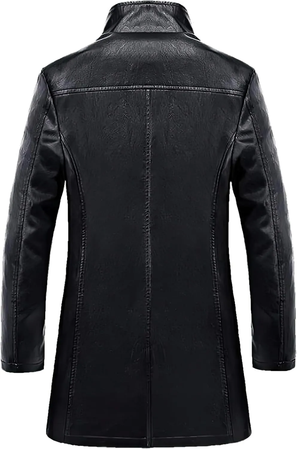 Mens Black Sheepskin Leather Stand Collar Single Breasted Coat - Faux Fur Lining Casual Business Long Trench Coat For Men