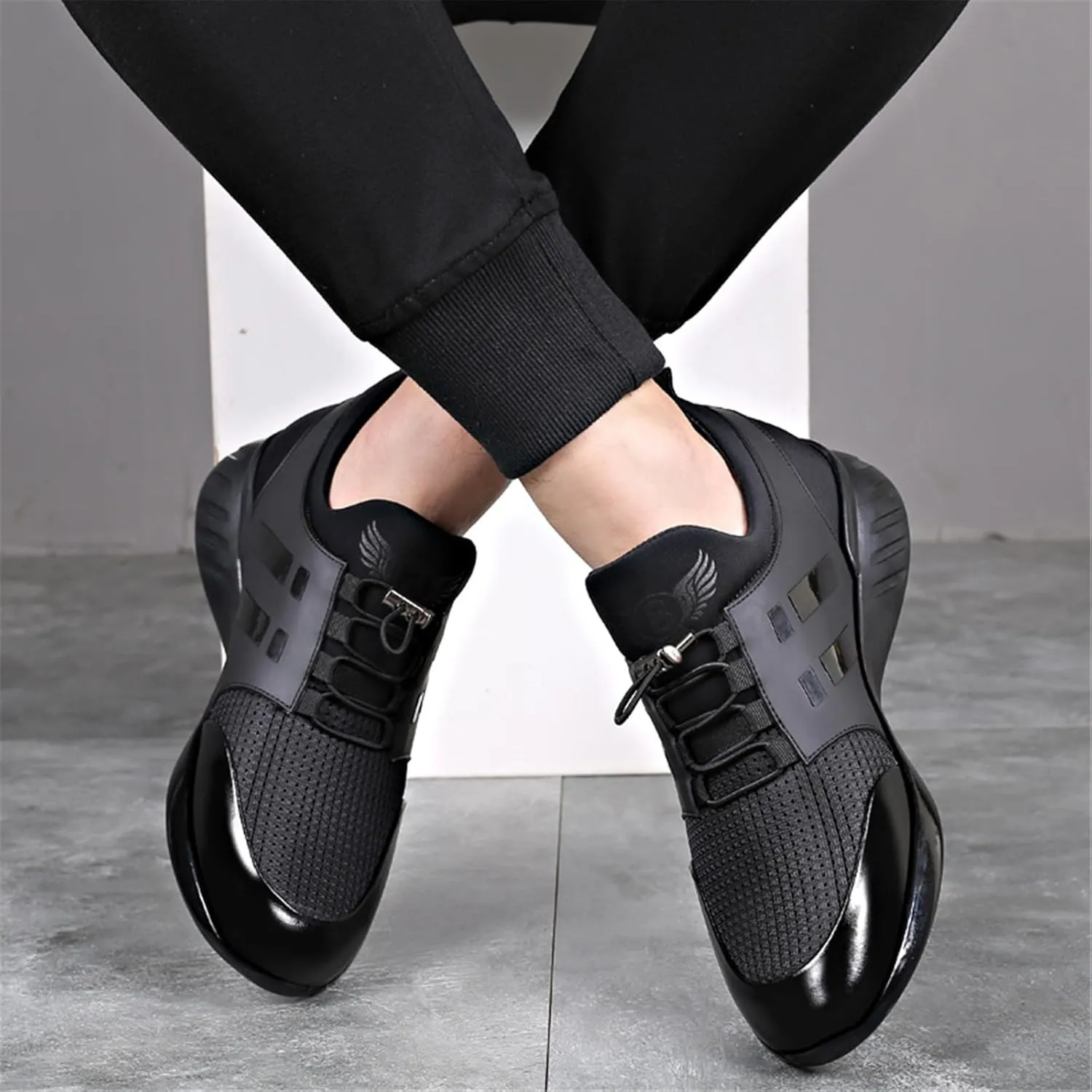 Mens Casual Leather Shoes Slip on Fashion Comfortable Elevator Dress Sneakers Shoes for Men Black Business Walking Shoes