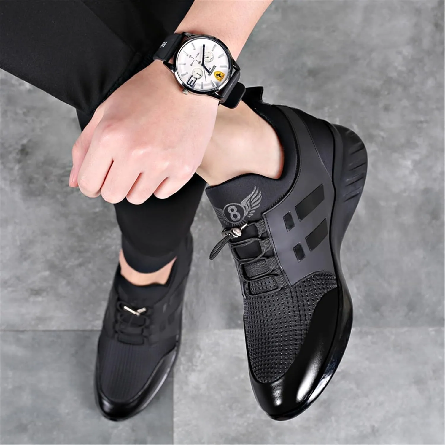 Mens Casual Leather Shoes Slip on Fashion Comfortable Elevator Dress Sneakers Shoes for Men Black Business Walking Shoes