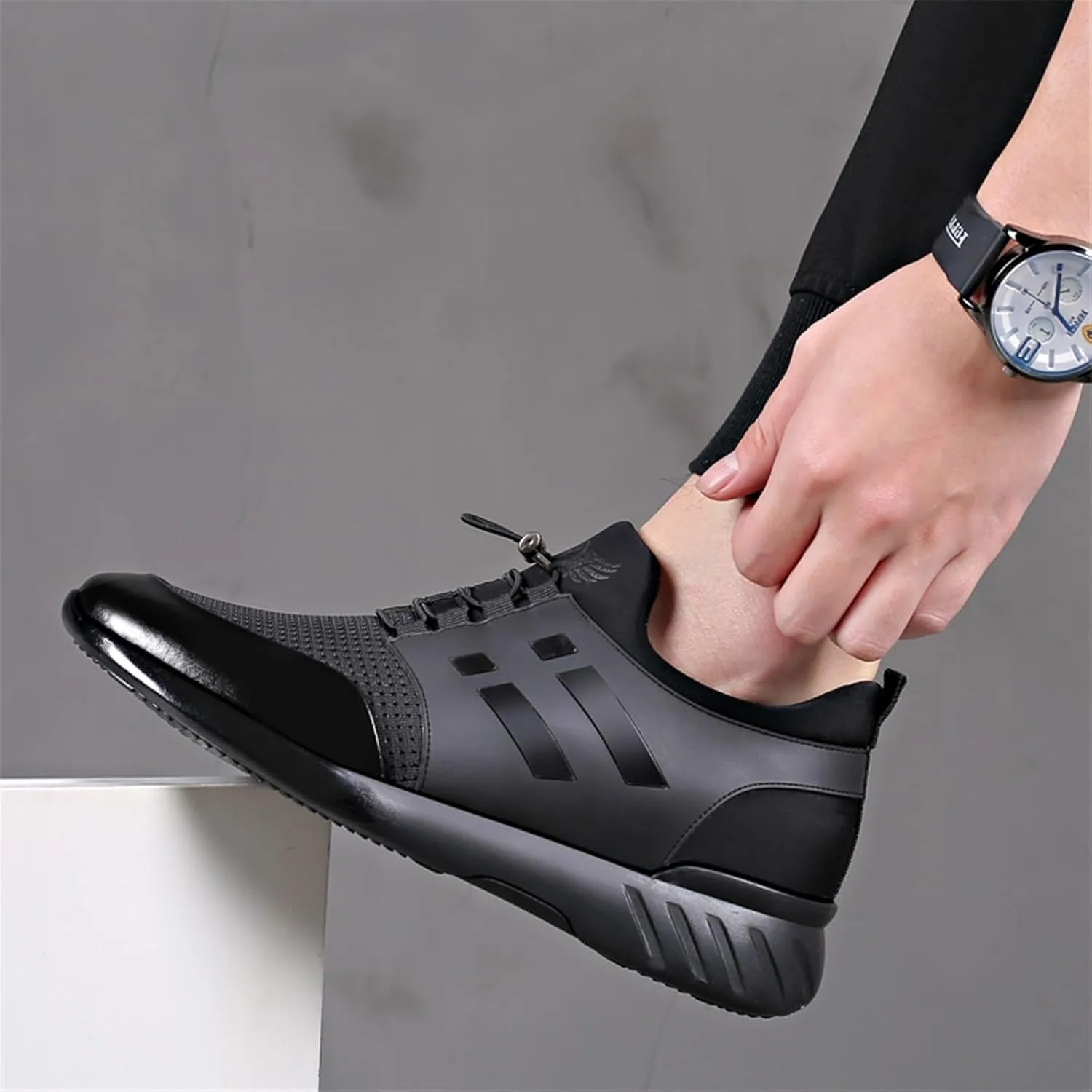 Mens Casual Leather Shoes Slip on Fashion Comfortable Elevator Dress Sneakers Shoes for Men Black Business Walking Shoes