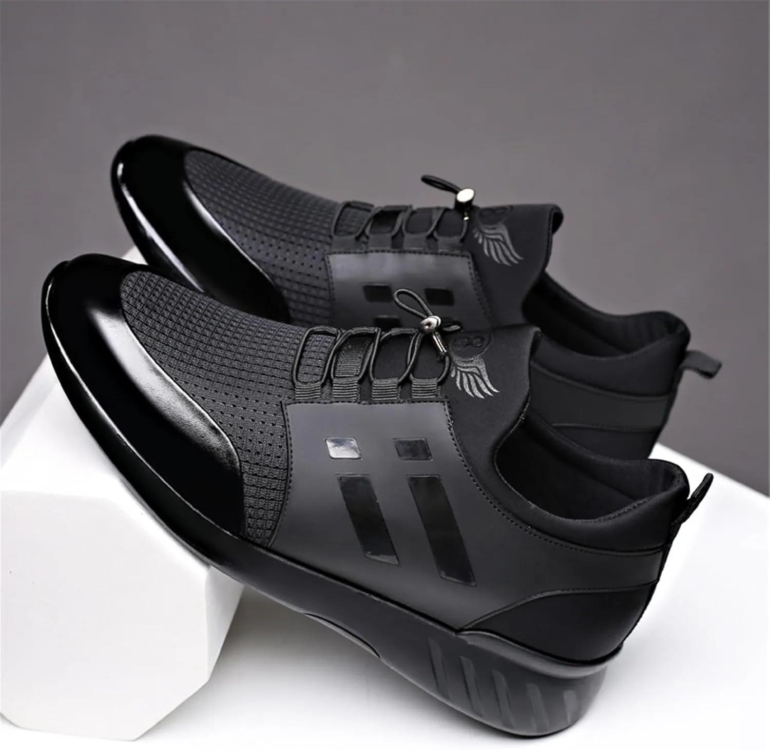 Mens Casual Leather Shoes Slip on Fashion Comfortable Elevator Dress Sneakers Shoes for Men Black Business Walking Shoes