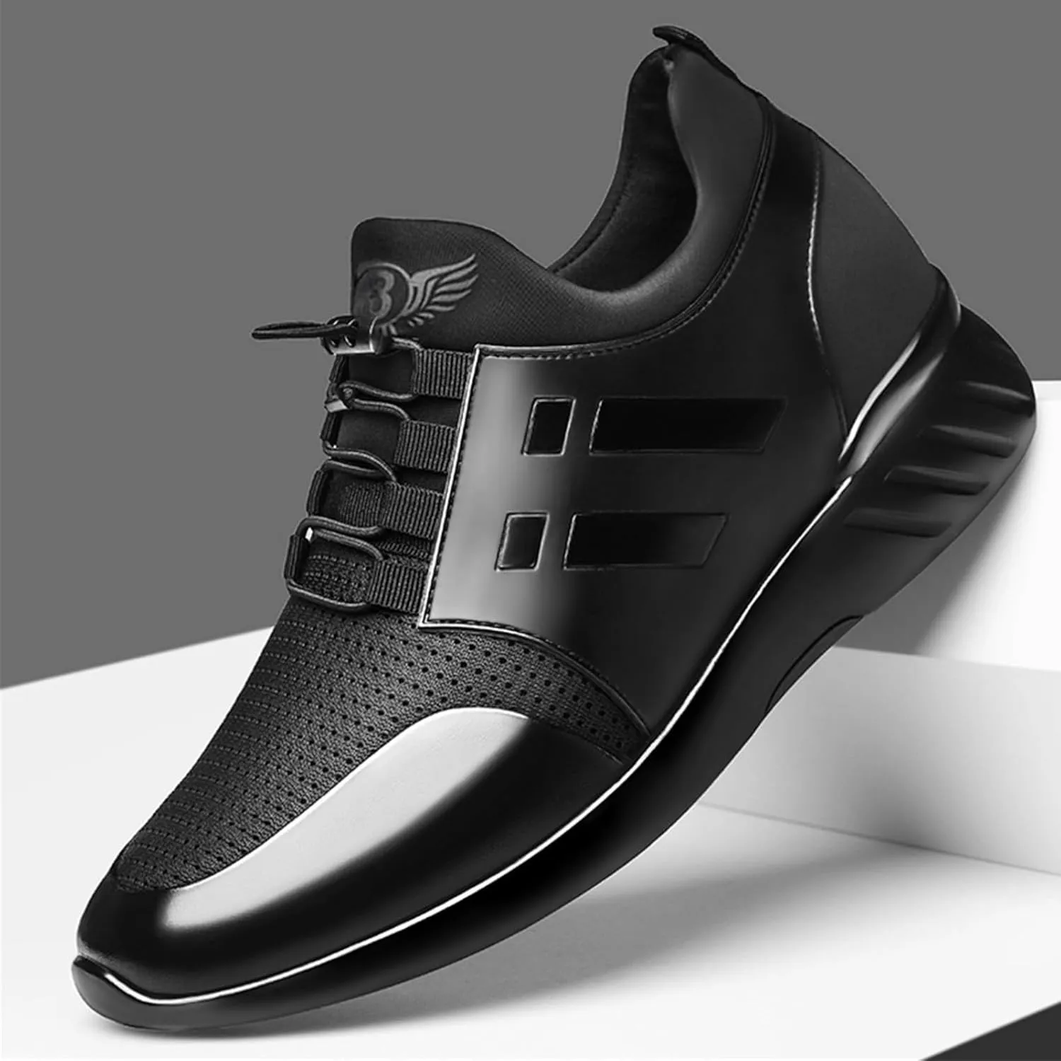 Mens Casual Leather Shoes Slip on Fashion Comfortable Elevator Dress Sneakers Shoes for Men Black Business Walking Shoes