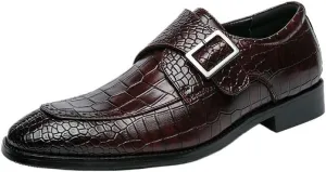 Men's Crocodile Pattern Oxford Shoes, Pointed Toe Formal Dress Loafers, Single Buckle Slip-On Wedding Prom Height Increasing Moccasins